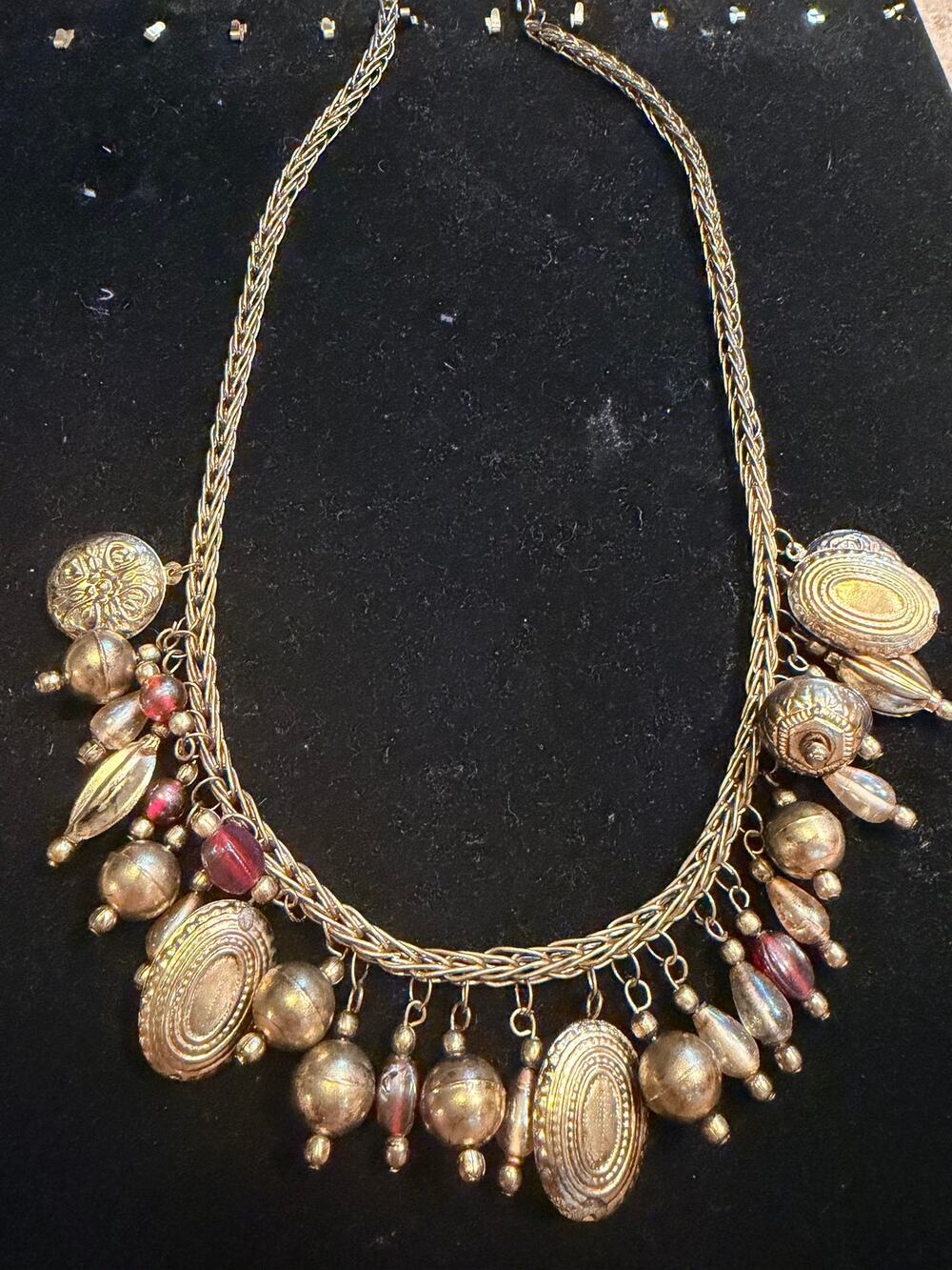 Vintage Ornate Charm Statement Necklace Gold Tone Mixed Metal Beads Berry Red